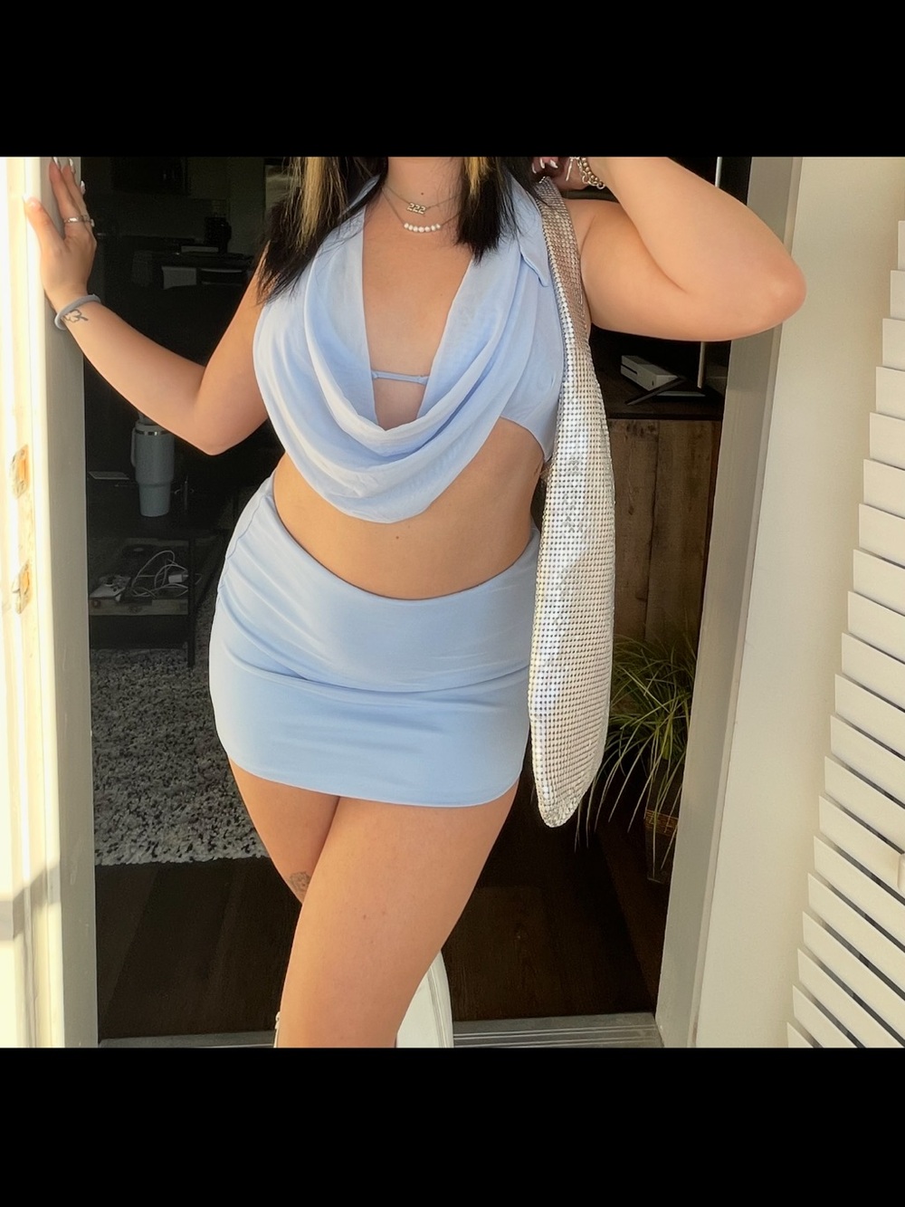 Oh Polly Light Blue Drape Front Crop Top & Mini Skirt Co-ord Set - Picture 2 of 8